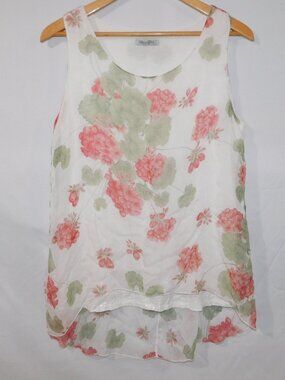 Elena Baldi Italy White Pink Green Floral Silk flowy high low Tank top Womens L